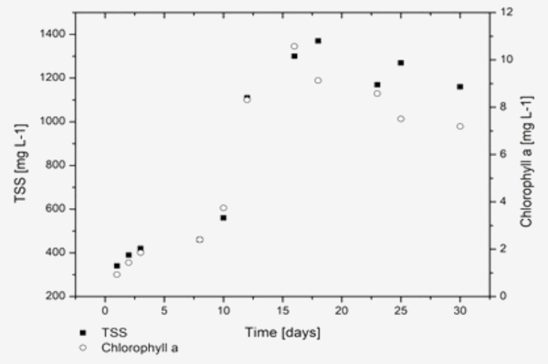 Total suspended solids (TSS) and chlorophyll-a measured throughout the duration of the experiments.