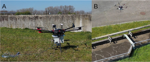 (A) Setup OLFASCAN Flying Lab on DJI M600Pro drone, (B) in-flight air sampling via 8 m long suction pipe